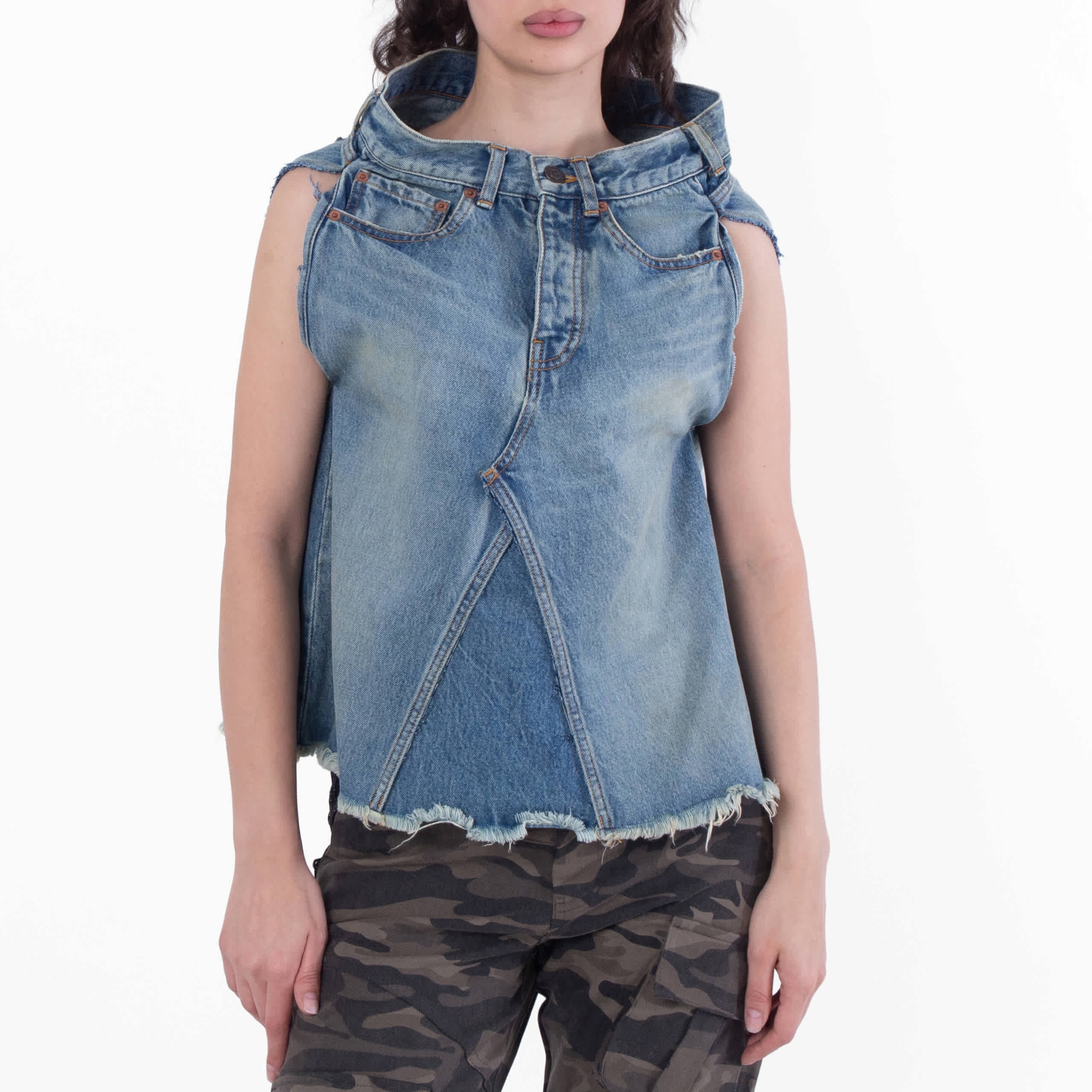 Balenciaga Ladies True Blue Sleeveless Denim Asymmetrical Top