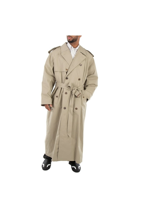 Men's Military Beige Belted Maxi Trench Coat, Size XX-Small