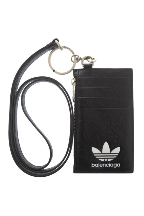 Pre-Owned Balenciaga x Adidas Collaboration Trefoil 721894 Leather Black Shoulder Wallet...