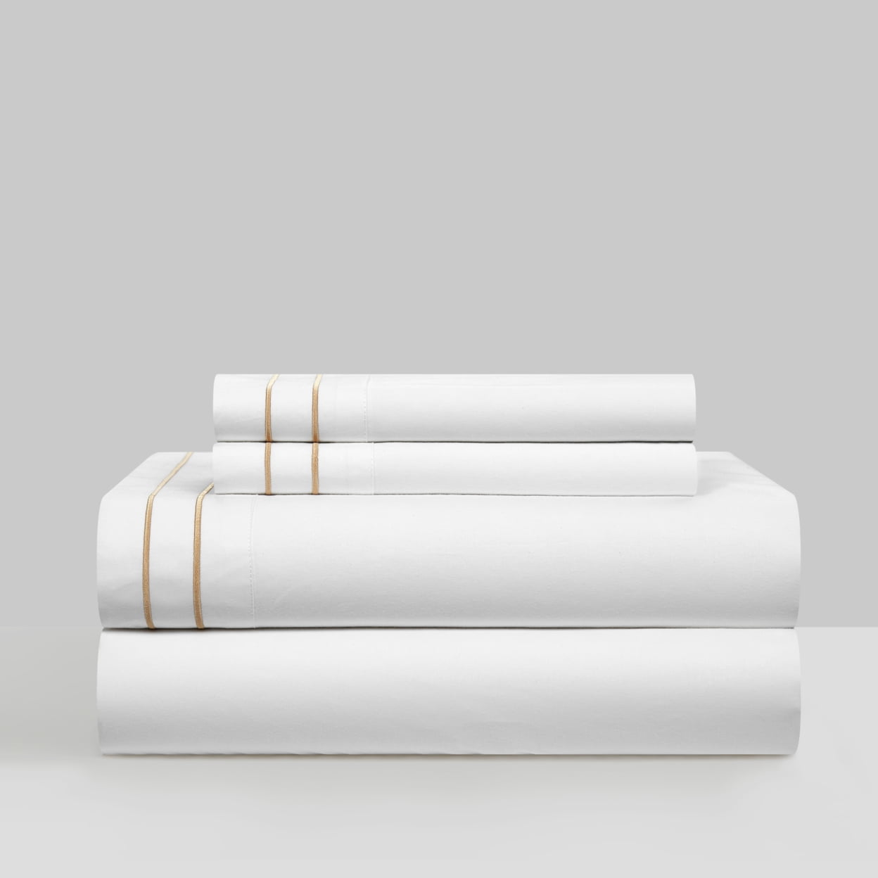 Chic Home Valencia Organic Cotton Sheet Set – Queen, White With Gold Stripe Embroidery, 4-Piece