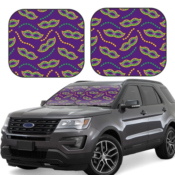 Balery 2 Piece Carnival Masks and Beads Car Windshield Sun Shade|Foldable Front Windshield Shade for Car Front Window for Most Sedans SUV Truck-Small