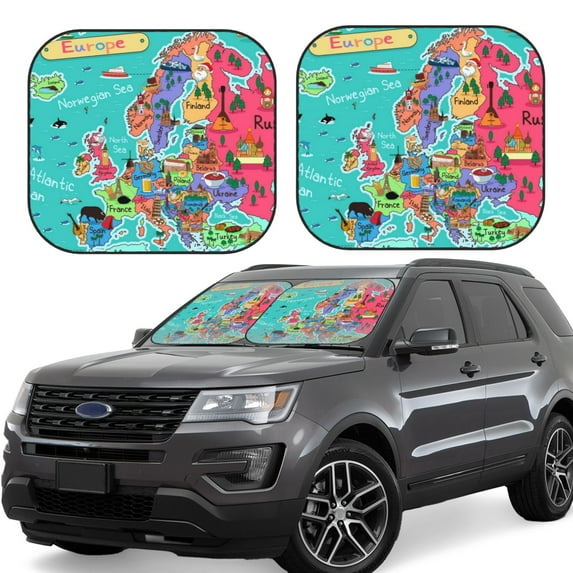 Balery 2 Piece Cartoon Map Of Europe Car Windshield Sun Shade|Foldable Front Windshield Shade for Car Front Window for Most Sedans SUV Truck-Medium