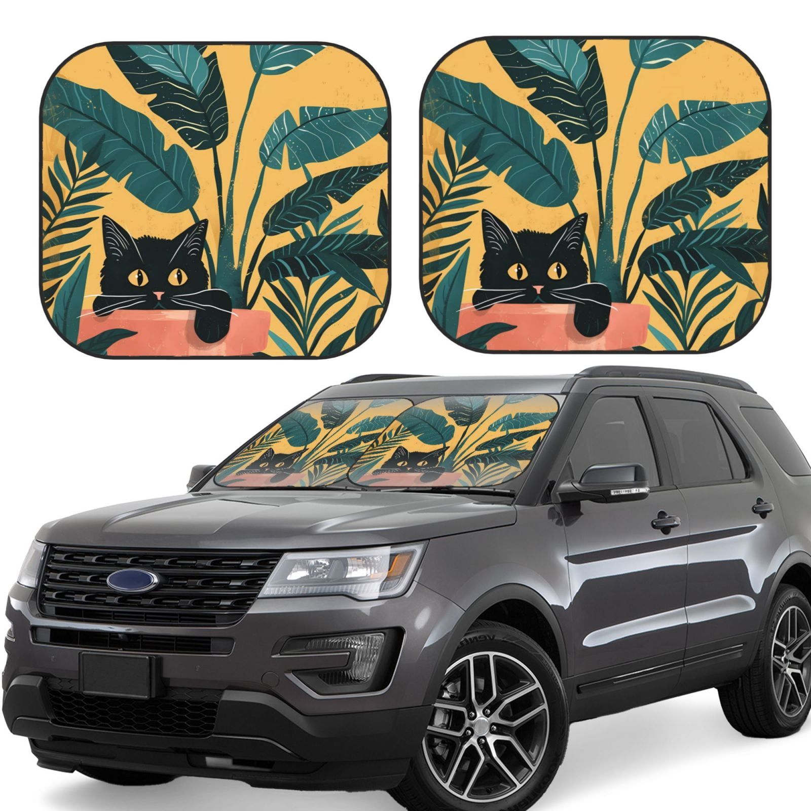 Balery 2 Piece Cat Hiding In Potted Plants Car Windshield Sun Shade