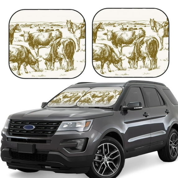 Balery 2 Piece Cattle Drive By Two Cowboys 1 Car Windshield Sun Shade|Foldable Front Windshield Shade for Car Front Window for Most Sedans SUV Truck-Large