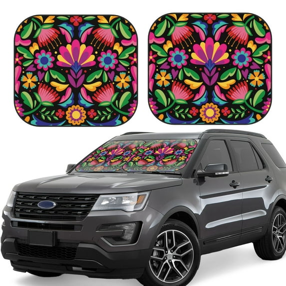 Balery 2 Piece Colorful Floral Embroidery Mexican Car Windshield Sun Shade|Foldable Front Windshield Shade for Car Front Window for Most Sedans SUV Truck-Large