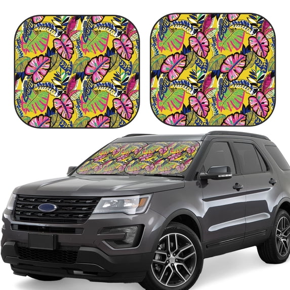 Balery 2 Piece Colrful Tropical Leaves Car Windshield Sun Shade|Foldable Front Windshield Shade for Car Front Window for Most Sedans SUV Truck-Small