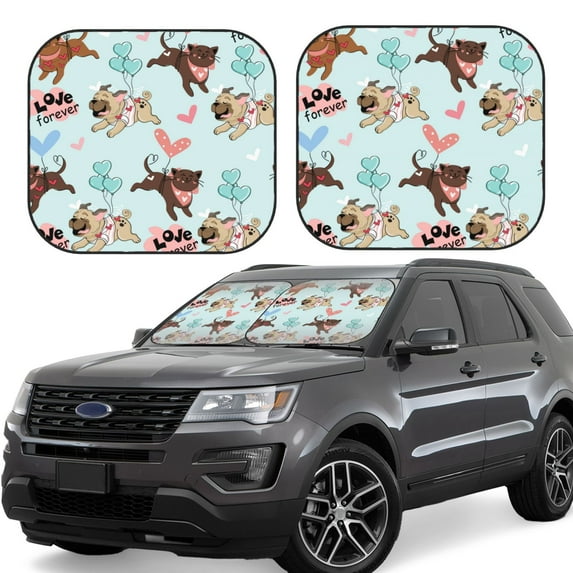 Balery 2 Piece Cute Pug Dogs Car Windshield Sun Shade|Foldable Front Windshield Shade for Car Front Window for Most Sedans SUV Truck-Large