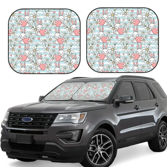 Balery 2 Piece Cute Rabbit And Heart Car Windshield Sun Shade|Foldable Front Windshield Shade for Car Front Window for Most Sedans SUV Truck-Large