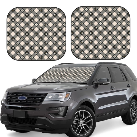 Balery 2 Piece Daisy Plaid Black Car Windshield Sun Shade|Foldable Front Windshield Shade for Car Front Window for Most Sedans SUV Truck-Large