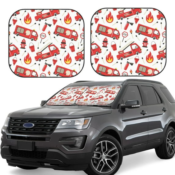 Balery 2 Piece Fire Truck Car Windshield Sun Shade|Foldable Front Windshield Shade for Car Front Window for Most Sedans SUV Truck-Medium