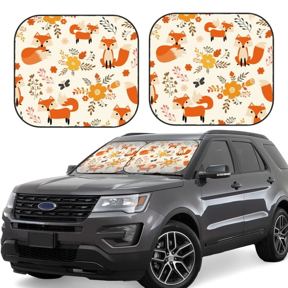 Balery 2 Piece Flower Fox Car Windshield Sun Shade|Foldable Front Windshield Shade for Car Front Window for Most Sedans SUV Truck-Large