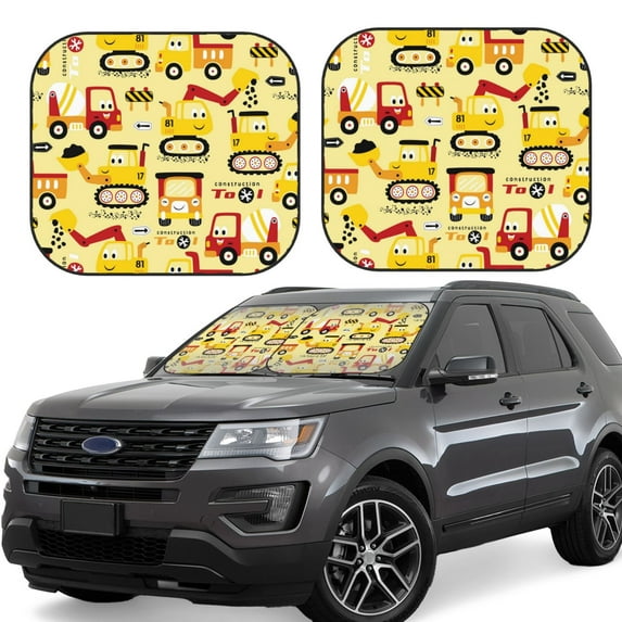 Balery 2 Piece Funny Construction Vehicles Car Windshield Sun Shade|Foldable Front Windshield Shade for Car Front Window for Most Sedans SUV Truck-Medium