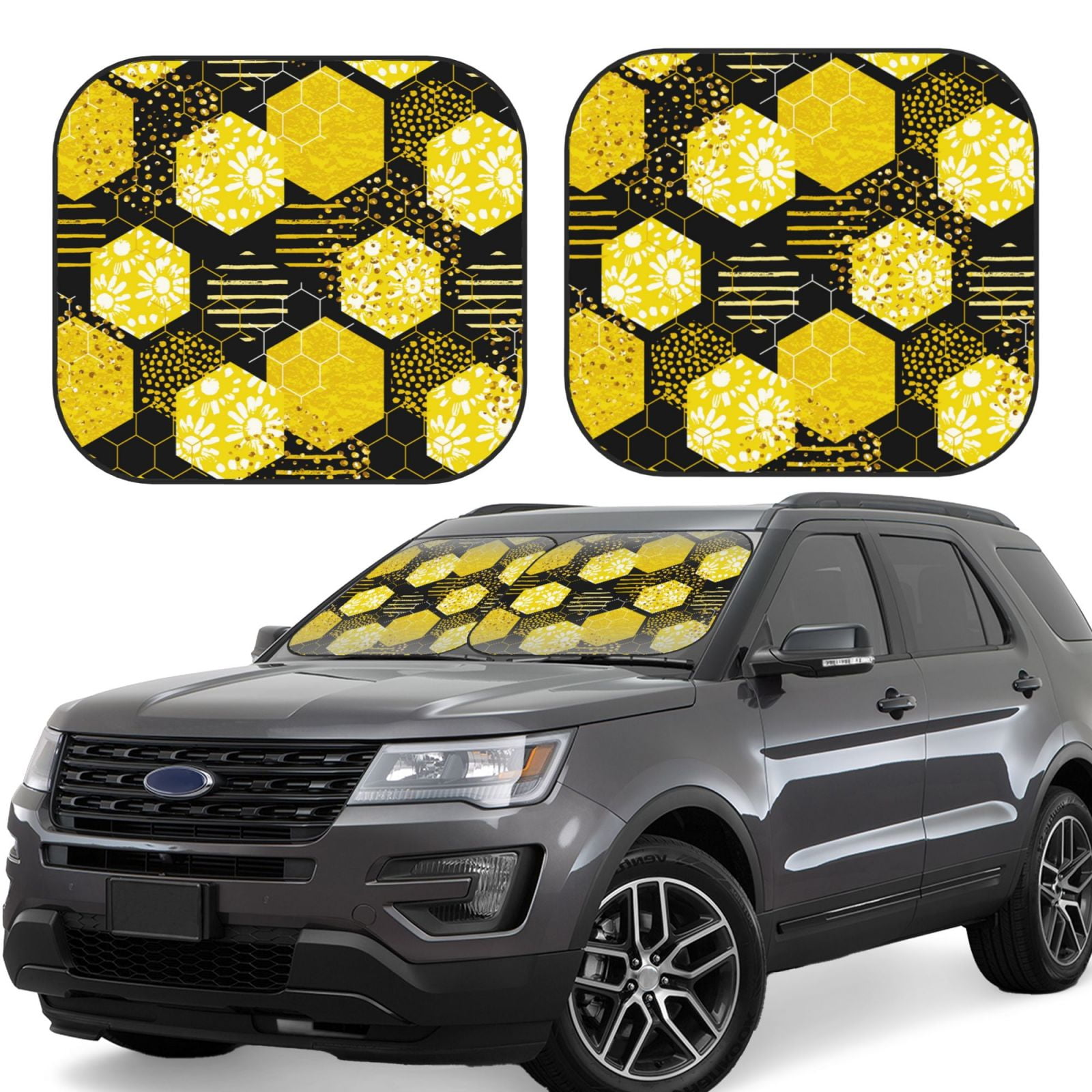 Balery 2 Piece Geometric Pattern with Bee Car Windshield Sun Shade