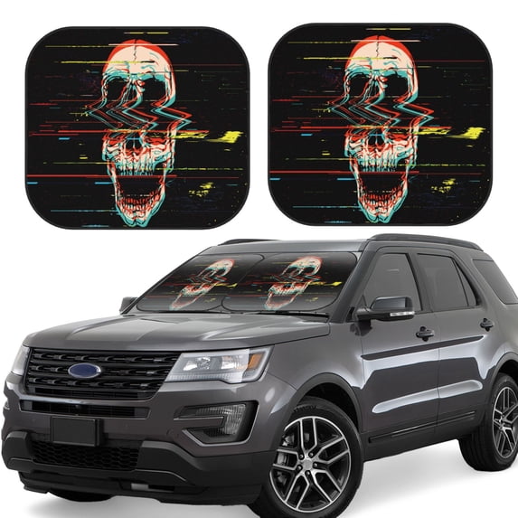 Balery 2 Piece Glitch Screaming Skull Car Windshield Sun Shade|Foldable Front Windshield Shade for Car Front Window for Most Sedans SUV Truck-Medium