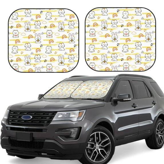 Balery 2 Piece Rabbit And Milk Tea Car Windshield Sun Shade|Foldable Front Windshield Shade for Car Front Window for Most Sedans SUV Truck-Small