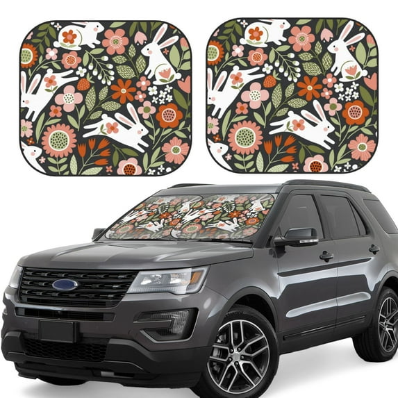 Balery 2 Piece Rabbits on Floral Car Windshield Sun Shade|Foldable Front Windshield Shade for Car Front Window for Most Sedans SUV Truck-Small