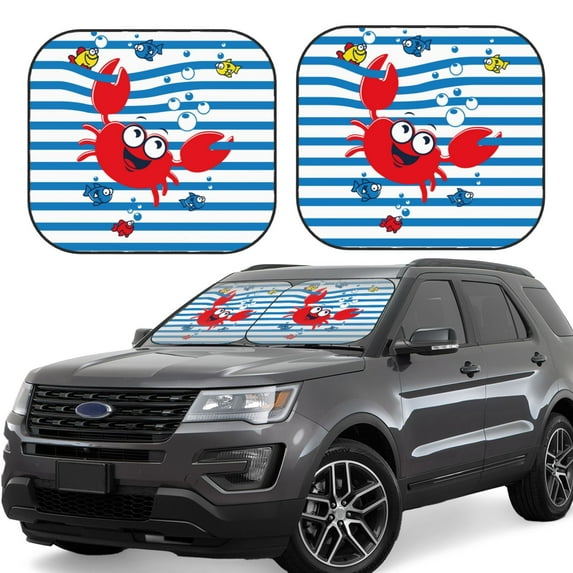 Balery 2 Piece Red Funny Crab on Blue Stripe Car Windshield Sun Shade|Foldable Front Windshield Shade for Car Front Window for Most Sedans SUV Truck-Small