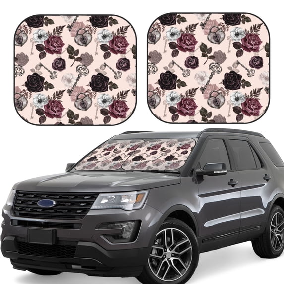 Balery 2 Piece Retro Red Black Roses Car Windshield Sun Shade|Foldable Front Windshield Shade for Car Front Window for Most Sedans SUV Truck-Small