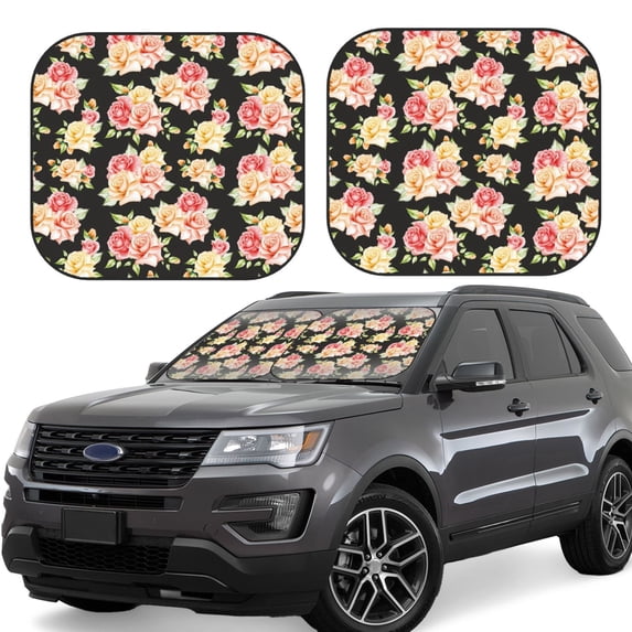 Balery 2 Piece Rose Flowers Car Windshield Sun Shade|Foldable Front Windshield Shade for Car Front Window for Most Sedans SUV Truck-