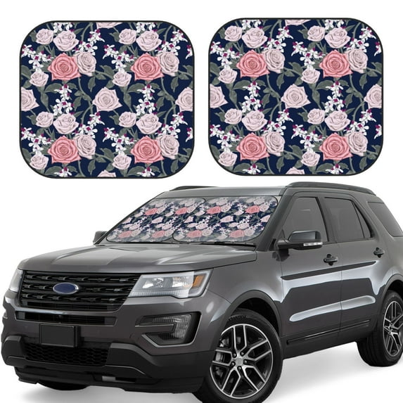 Balery 2 Piece Rose Flowers Car Windshield Sun Shade|Foldable Front Windshield Shade for Car Front Window for Most Sedans SUV Truck-