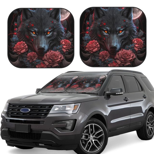 Balery 2 Piece Rose Full Moon Black Wolf Car Windshield Sun Shade