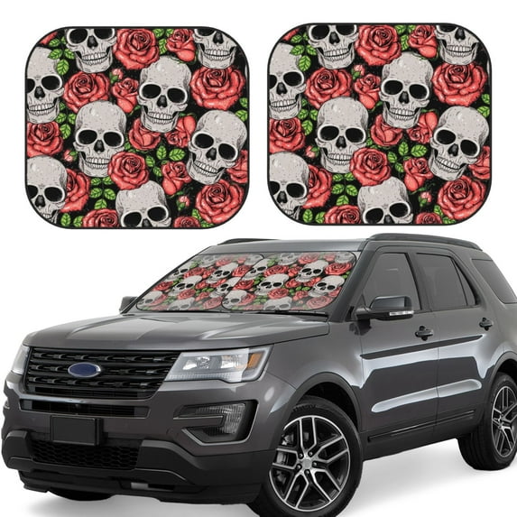 Balery 2 Piece Skull and Roses Car Windshield Sun Shade|Foldable Front Windshield Shade for Car Front Window for Most Sedans SUV Truck-Small