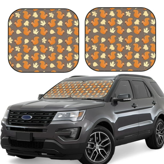 Balery 2 Piece Squirrel And Maple Leaves Car Windshield Sun Shade|Foldable Front Windshield Shade for Car Front Window for Most Sedans SUV Truck-