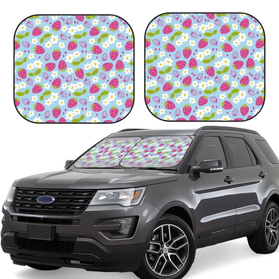 Balery 2 Piece Strawberry And Flowers Car Windshield Sun Shade|Foldable Front Windshield Shade for Car Front Window for Most Sedans SUV Truck-Small