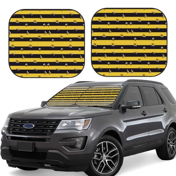 Balery 2 Piece Striped With Bees Car Windshield Sun Shade|Foldable Front Windshield Shade for Car Front Window for Most Sedans SUV Truck-Large
