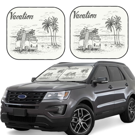 Balery 2 Piece Summer Vacation Scene With Camping Van Car Windshield Sun Shade|Foldable Front Windshield Shade for Car Front Window for Most Sedans SUV Truck-Small