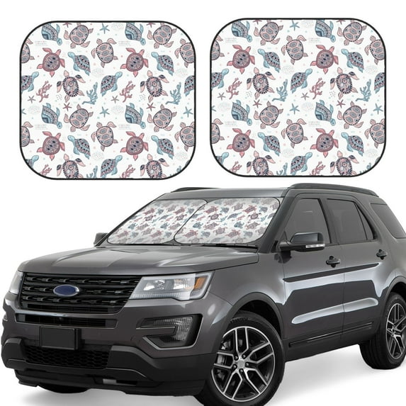 Balery 2 Piece Tribal Style Turtle Car Windshield Sun Shade|Foldable Front Windshield Shade for Car Front Window for Most Sedans SUV Truck-Small