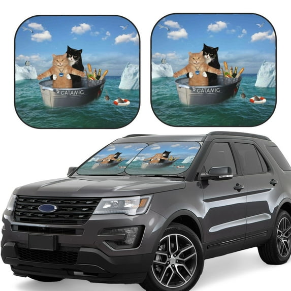 Balery 2 Piece Two Brave Cats Are Floating On The Sea Iceberg Car Windshield Sun Shade|Foldable Front Windshield Shade for Car Front Window for Most Sedans SUV Truck-Small