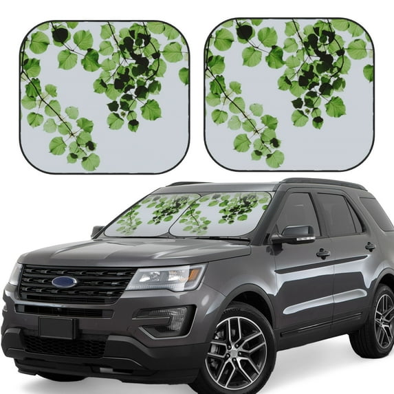 Balery 2 Piece Watercolor Green Leaves Car Windshield Sun Shade|Foldable Front Windshield Shade for Car Front Window for Most Sedans SUV Truck-Small