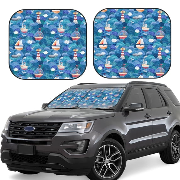 Balery 2 Piece Watercolor Ships Car Windshield Sun Shade|Foldable Front Windshield Shade for Car Front Window for Most Sedans SUV Truck-Medium
