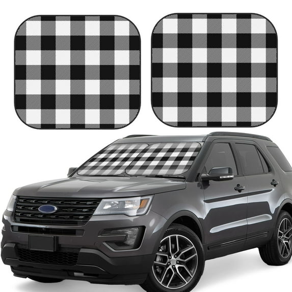 Balery 2 Piece White And Black Plaid Car Windshield Sun Shade|Foldable Front Windshield Shade for Car Front Window for Most Sedans SUV Truck-Large