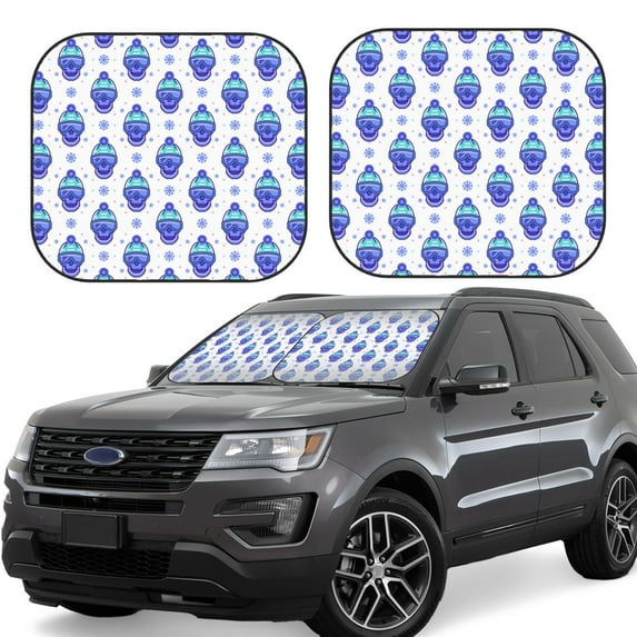 Balery 2 Piece Winter Snowflake Skiing Skull Car Windshield Sun Shade|Foldable Front Windshield Shade for Car Front Window for Most Sedans SUV Truck-Small
