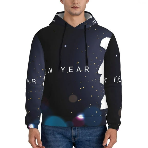 Balery 2025 Happy New Year 2 Pattern Mens Hoodie Kangaroo Pocket Hoodie Pullover Hooded Sweatshirt Ideal for Daily Wear Travel and Home-4X-Large