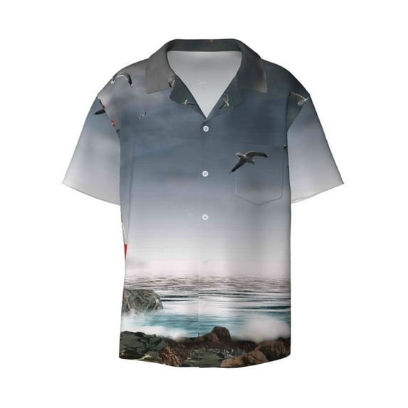 Balery 3d Lighthouse in the Surf Men's Casual Button Down Shirt Short Sleeve Textured Summer Cuban Beach Shirts-XX-Large