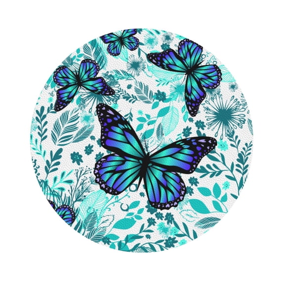 Balery 4 Pcs Blue Floral With Butterfliesleather Coasters Set, Drink Table Cup Coasters For Living Room Kitchen Coffee Decor