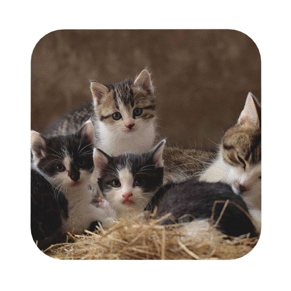 Balery 4 Pcs Cat Familyleather Coasters Set, Drink Table Cup Coasters For Living Room Kitchen Coffee Decor