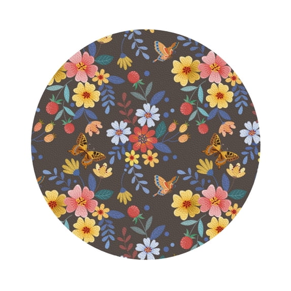 Balery 4 Pcs Colorful Flowers With Butterflyleather Coasters Set, Drink Table Cup Coasters For Living Room Kitchen Coffee Decor