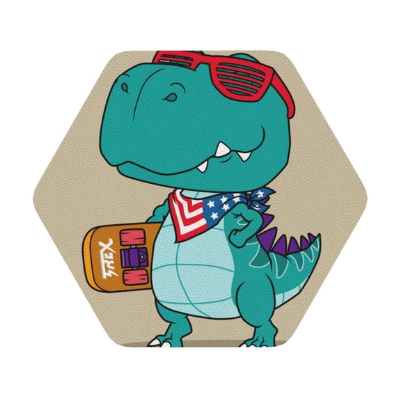 Balery 4 Pcs Cool Dino Playing Skateboardleather Coasters Set, Drink Table Cup Coasters For Living Room Kitchen Coffee Decor