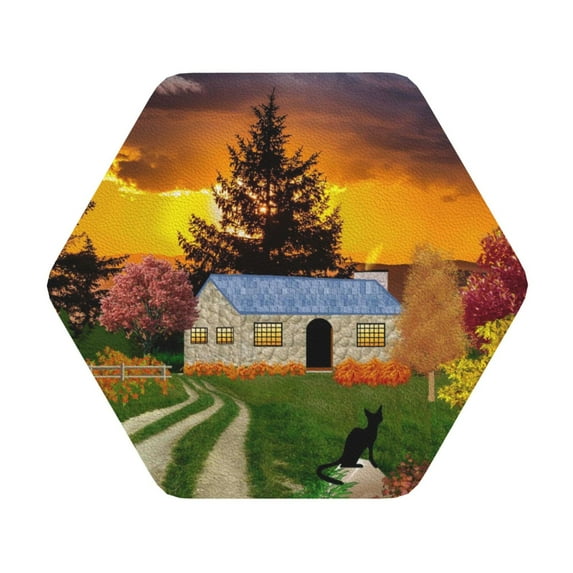 Balery 4 Pcs Fall Village Sceneryleather Coasters Set, Drink Table Cup Coasters For Living Room Kitchen Coffee Decor