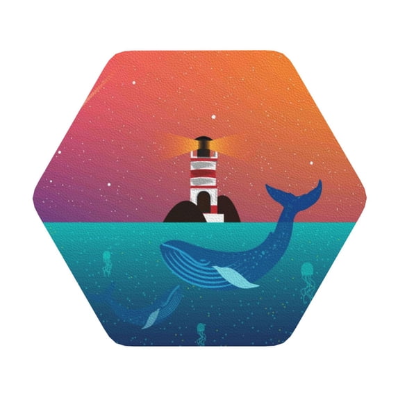 Balery 4 Pcs Lighthouse And Whaleleather Coasters Set, Drink Table Cup Coasters For Living Room Kitchen Coffee Decor