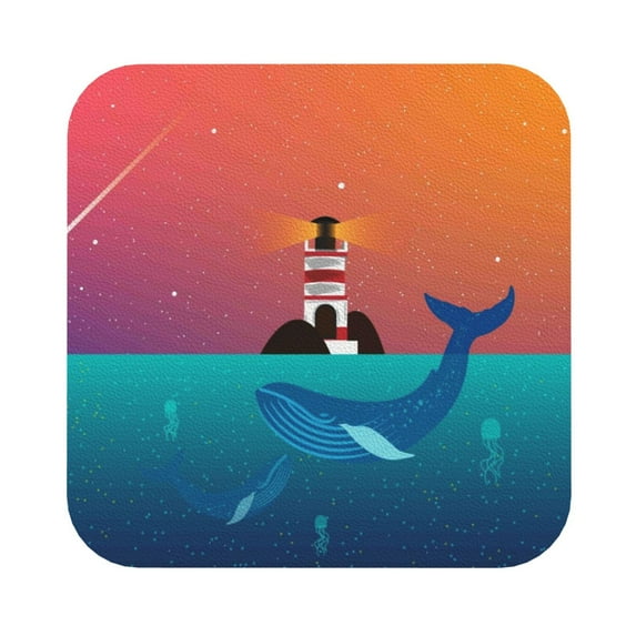 Balery 4 Pcs Lighthouse And Whaleleather Coasters Set, Drink Table Cup Coasters For Living Room Kitchen Coffee Decor
