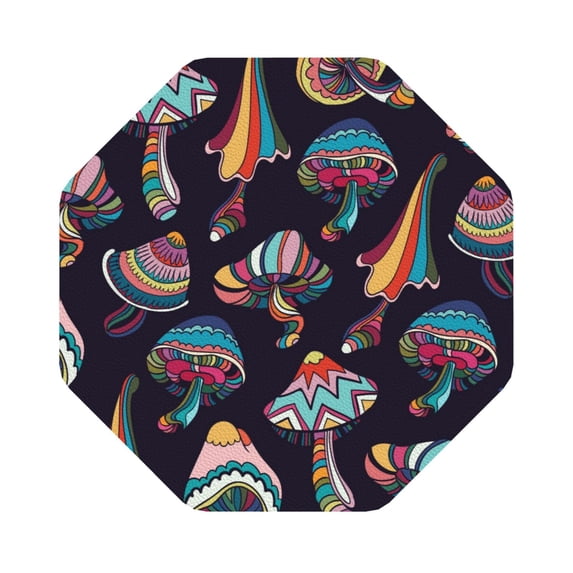 Balery 4 Pcs Mushroom Doodleleather Coasters Set, Drink Table Cup Coasters For Living Room Kitchen Coffee Decor