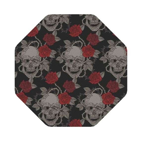 Balery 4 Pcs Skull And Red Rosesleather Coasters Set, Drink Table Cup Coasters For Living Room Kitchen Coffee Decor