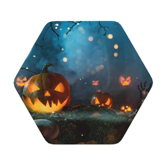 Balery 4 Pcs Spooky Halloweenleather Coasters Set, Drink Table Cup Coasters For Living Room Kitchen Coffee Decor