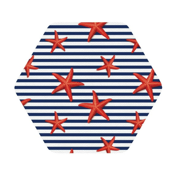 Balery 4 Pcs Starfish Navy Blue Stripeleather Coasters Set, Drink Table Cup Coasters For Living Room Kitchen Coffee Decor