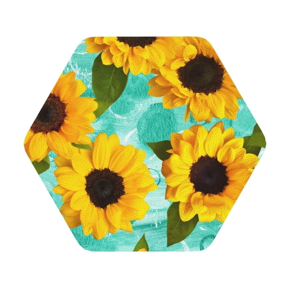 Balery 4 Pcs Sunflowers With Green Leavesleather Coasters Set, Drink Table Cup Coasters For Living Room Kitchen Coffee Decor